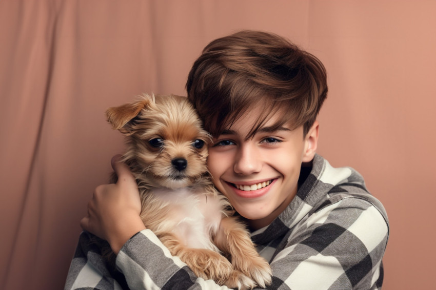 Photo of a smiling teenage boy in a casual shirt hugging his little dog or pet at home on the weekend Photo of a smiling teenage boy in a casual shirt hugging his little dog or pet at home on the weekend