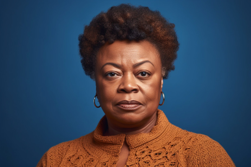 A picture of a serious and plump black woman wearing a blue sweater and standing in front of a plain brown background A picture of a serious and plump black woman wearing a blue sweater and standing in front of a plain brown background