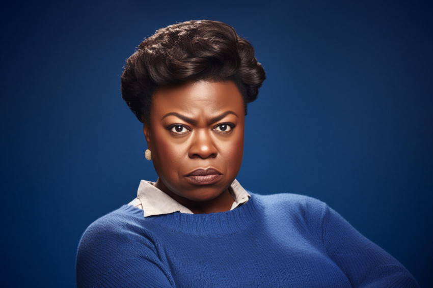A picture of a serious and plump black woman wearing a blue sweater and standing in front of a plain brown background A picture of a serious and plump black woman wearing a blue sweater and standing in front of a plain brown background