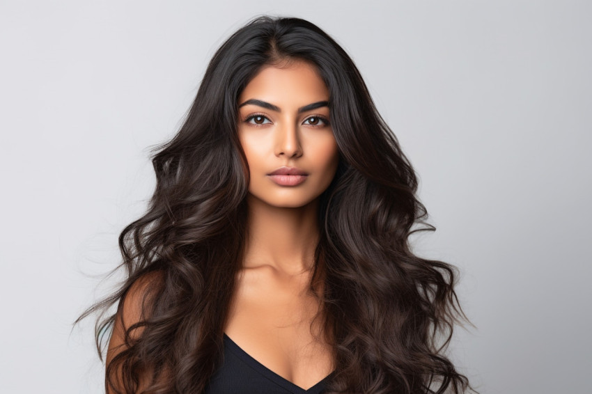 A headshot of a beautiful young Indian woman looking at the camera standing in front of a white wall in a studio
