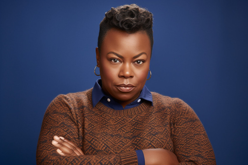 A picture of a serious and plump black woman wearing a blue sweater and standing in front of a plain brown background A picture of a serious and plump black woman wearing a blue sweater and standing in front of a plain brown background