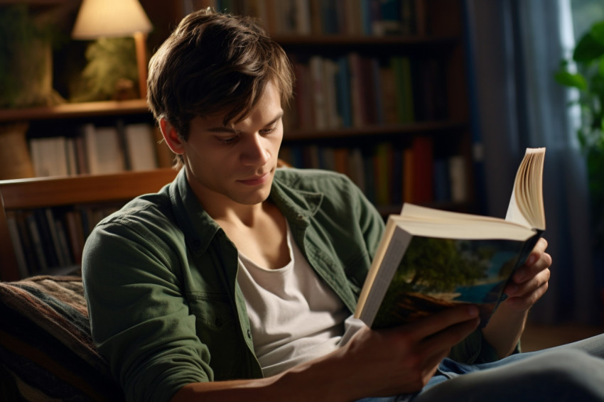 A picture of a young man who is blind reading a book with his fingers at home A picture of a young man who is blind reading a book with his fingers at home