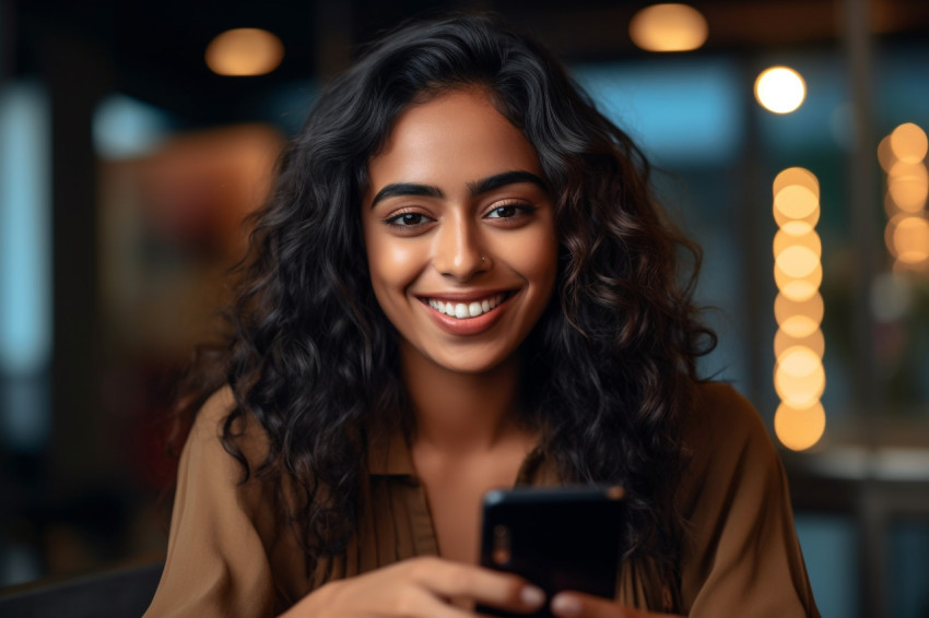 Photo of a smiling Indian woman holding her smartphone at home She looks positive and young Photo of a smiling Indian woman holding her smartphone at home She looks positive and young