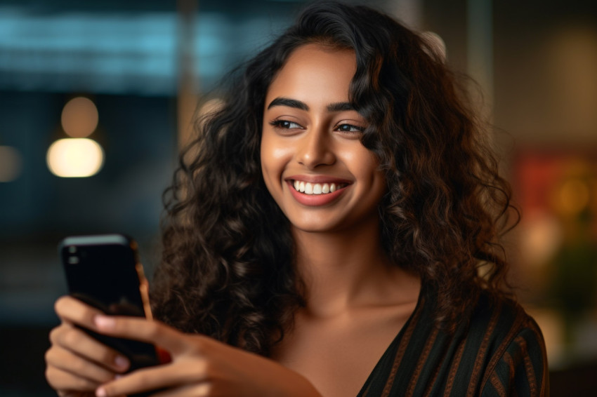 Photo of a smiling Indian woman holding her smartphone at home She looks positive and young Photo of a smiling Indian woman holding her smartphone at home She looks positive and young