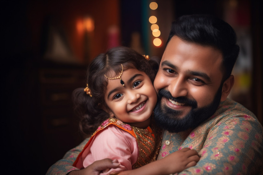 A photo of a happy single Indian father and his cute little daughter hugging warmly and lovingly in traditional clothes A photo of a happy single Indian father and his cute little daughter hugging warmly and lovingly in traditional clothes