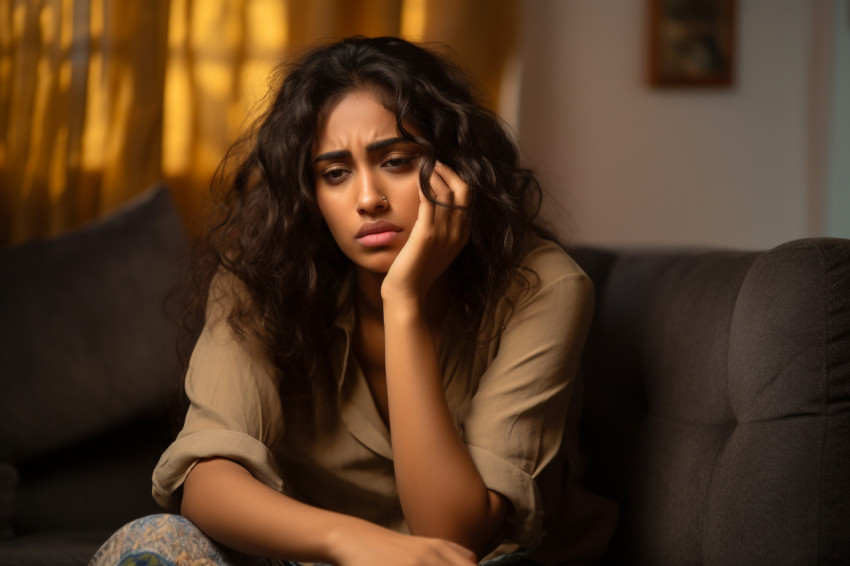 Photo of a sad young Indian woman on the couch at home looking into the distance and thinking about her life problems Photo of a sad young Indian woman on the couch at home looking into the distance and thinking about her life problems