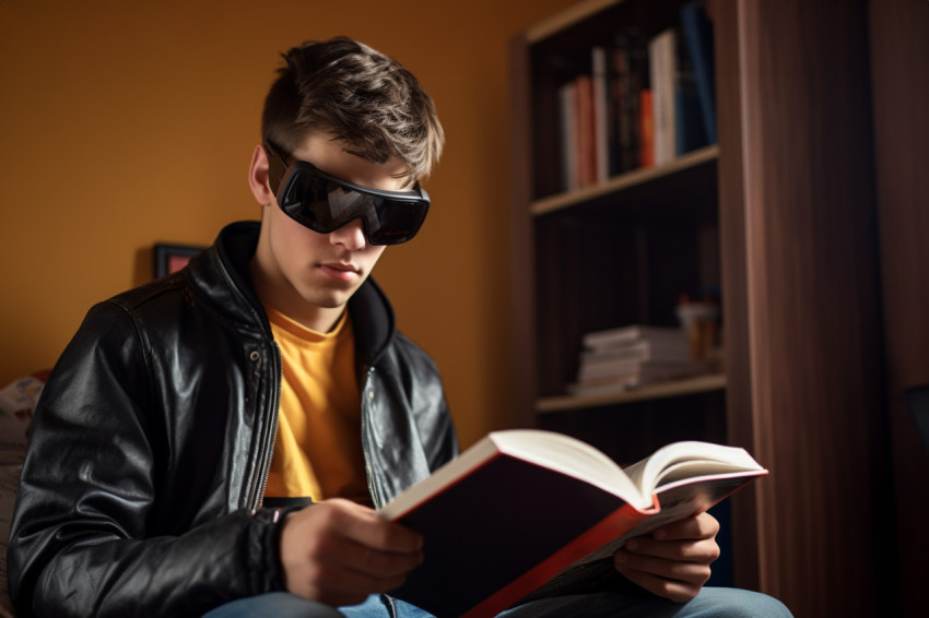 A picture of a young man who is blind reading a book with his fingers at home A picture of a young man who is blind reading a book with his fingers at home