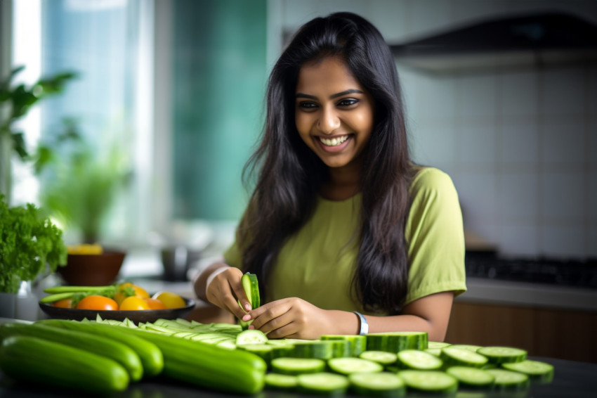 A picture of a happy Indian teenage girl standing in a modern kitchen A picture of a happy Indian teenage girl standing in a modern kitchen
