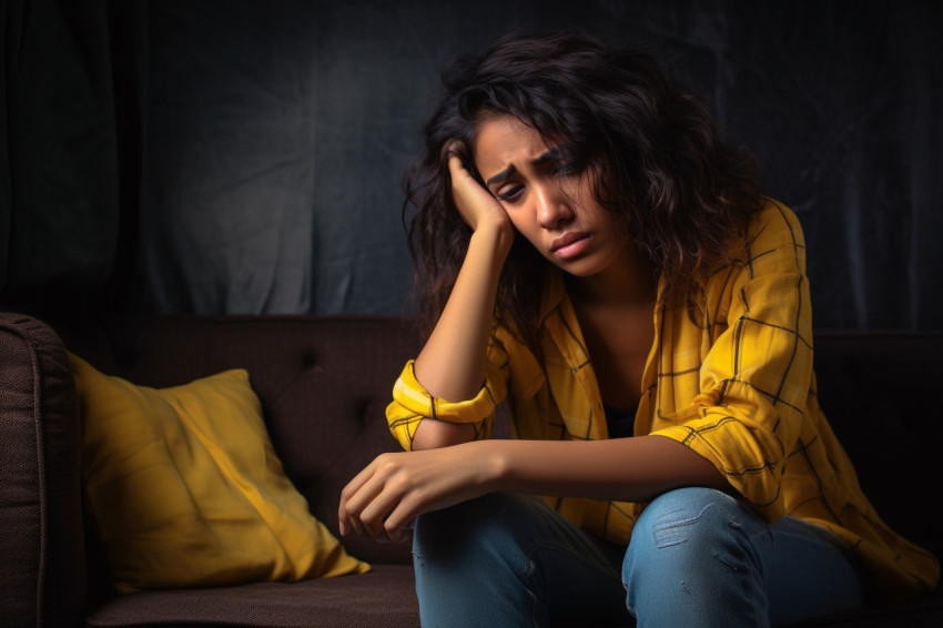 Photo of a sad young Indian woman on the couch at home looking into the distance and thinking about her life problems Photo of a sad young Indian woman on the couch at home looking into the distance and thinking about her life problems