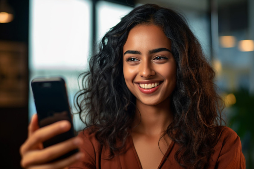 Photo of a smiling Indian woman holding her smartphone at home She looks positive and young Photo of a smiling Indian woman holding her smartphone at home She looks positive and young