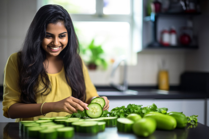 A picture of a happy Indian teenage girl standing in a modern kitchen A picture of a happy Indian teenage girl standing in a modern kitchen