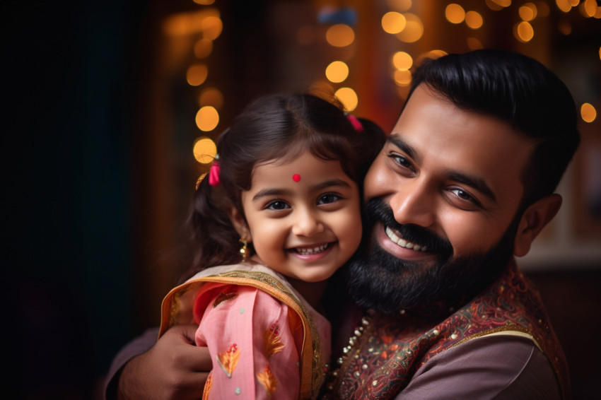 A photo of a happy single Indian father and his cute little daughter hugging warmly and lovingly in traditional clothes A photo of a happy single Indian father and his cute little daughter hugging warmly and lovingly in traditional clothes