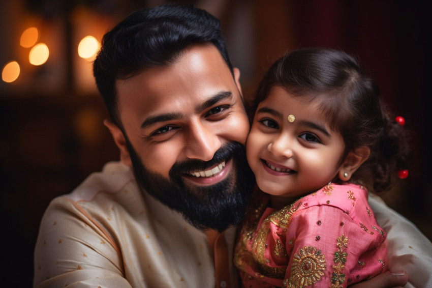A photo of a happy single Indian father and his cute little daughter hugging warmly and lovingly in traditional clothes A photo of a happy single Indian father and his cute little daughter hugging warmly and lovingly in traditional clothes