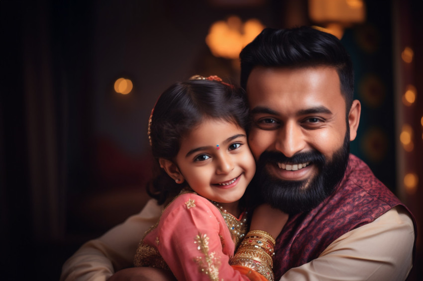 A photo of a happy single Indian father and his cute little daughter hugging warmly and lovingly in traditional clothes A photo of a happy single Indian father and his cute little daughter hugging warmly and lovingly in traditional clothes
