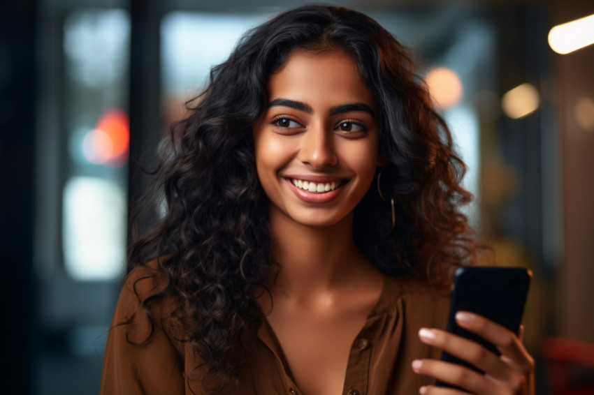 Photo of a smiling Indian woman holding her smartphone at home She looks positive and young Photo of a smiling Indian woman holding her smartphone at home She looks positive and young