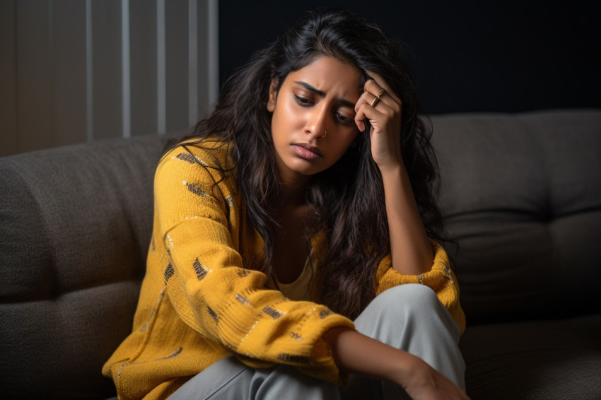 Photo of a sad young Indian woman on the couch at home looking into the distance and thinking about her life problems Photo of a sad young Indian woman on the couch at home looking into the distance and thinking about her life problems