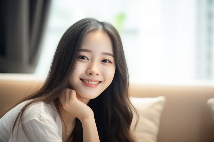 A photo of a happy Asian teenage girl smiling at the camera while relaxing in her living room at home A photo of a happy Asian teenage girl smiling at the camera while relaxing in her living room at home
