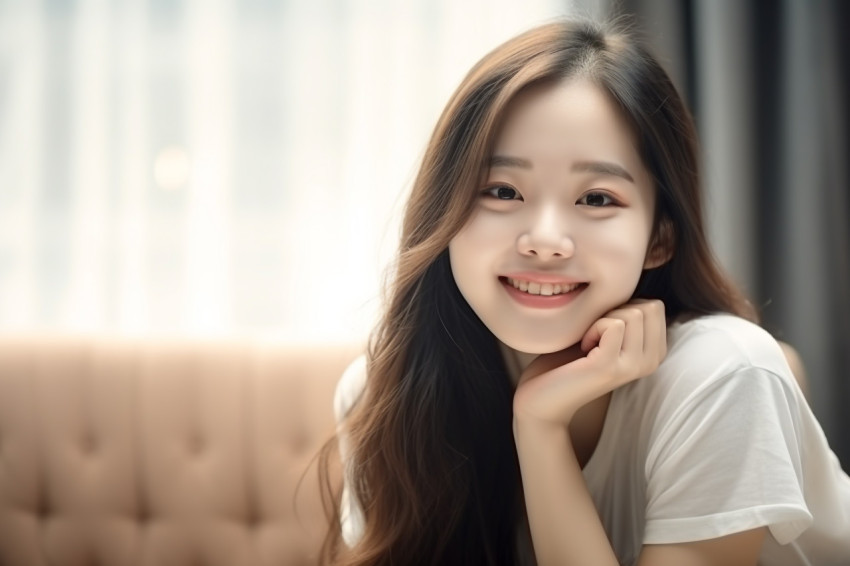 A photo of a happy Asian teenage girl smiling at the camera while relaxing in her living room at home A photo of a happy Asian teenage girl smiling at the camera while relaxing in her living room at home