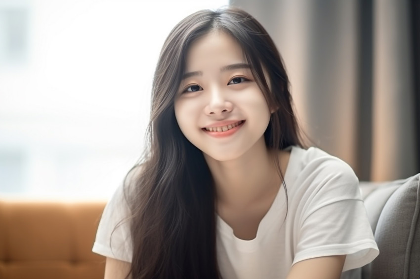 A photo of a happy Asian teenage girl smiling at the camera while relaxing in her living room at home A photo of a happy Asian teenage girl smiling at the camera while relaxing in her living room at home