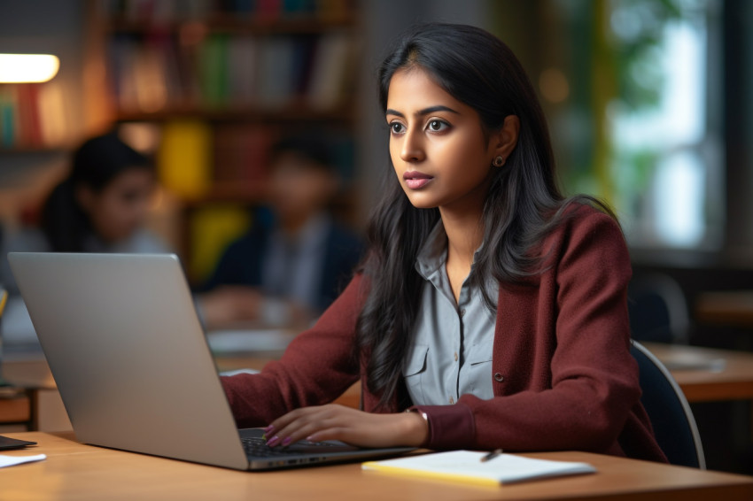 A picture of a dedicated intelligent young Indian woman studying or working online on her laptop A picture of a dedicated intelligent young Indian woman studying or working online on her laptop