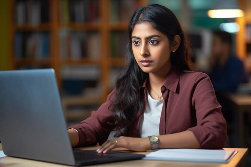 A picture of a dedicated intelligent young Indian woman studying or working online on her laptop A picture of a dedicated intelligent young Indian woman studying or working online on her laptop
