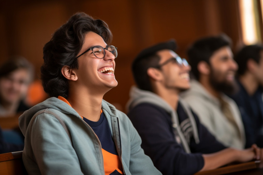 Picture of a young happy student from India and Latin America laughing in a college seminar class Picture of a young happy student from India and Latin America laughing in a college seminar class