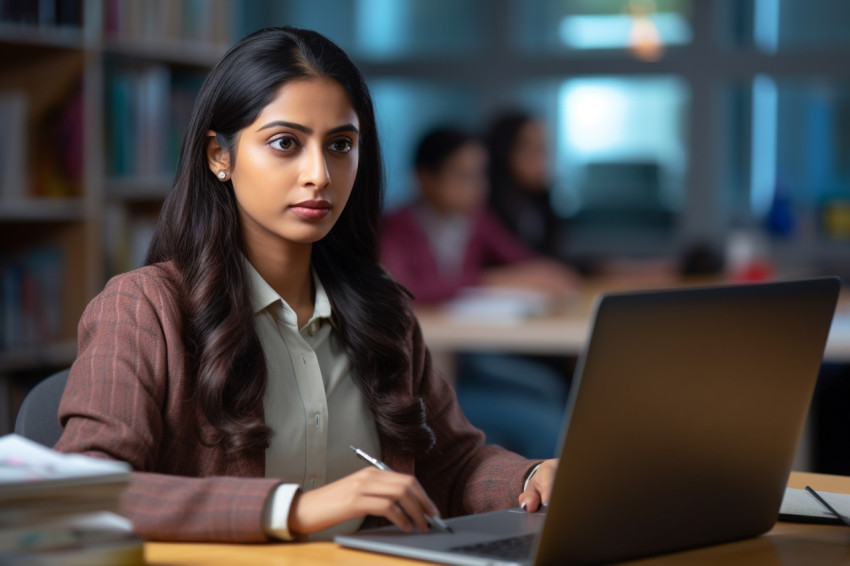 A picture of a dedicated intelligent young Indian woman studying or working online on her laptop A picture of a dedicated intelligent young Indian woman studying or working online on her laptop