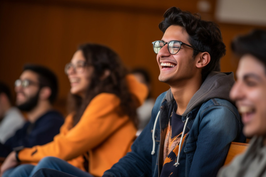 Picture of a young happy student from India and Latin America laughing in a college seminar class Picture of a young happy student from India and Latin America laughing in a college seminar class