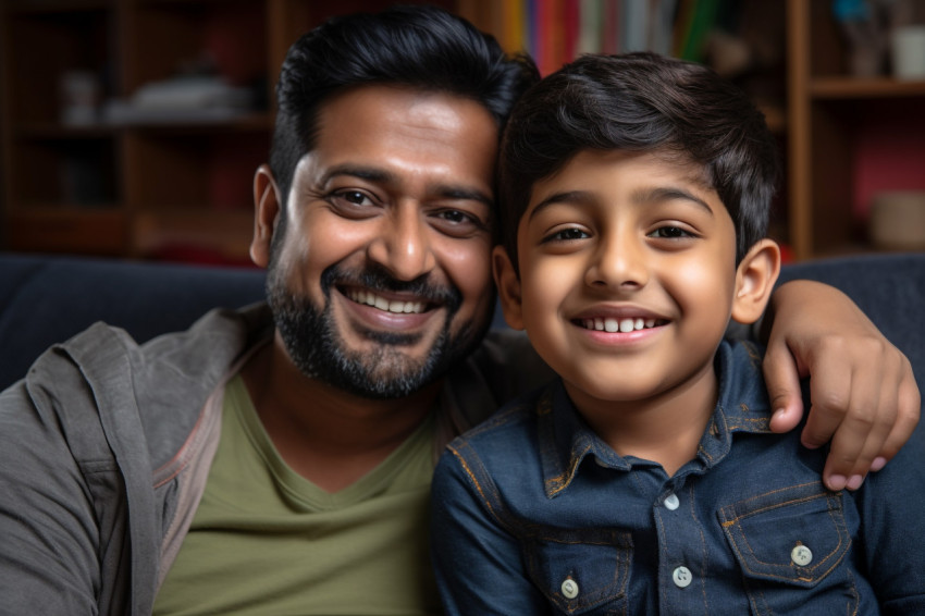 A happy Indian father and son are sitting on a sofa at home and looking at the camera A happy Indian father and son are sitting on a sofa at home and looking at the camera