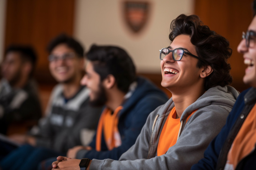Picture of a young happy student from India and Latin America laughing in a college seminar class Picture of a young happy student from India and Latin America laughing in a college seminar class