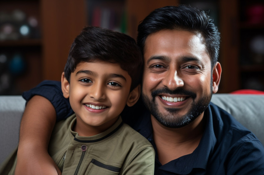 A happy Indian father and son are sitting on a sofa at home and looking at the camera A happy Indian father and son are sitting on a sofa at home and looking at the camera