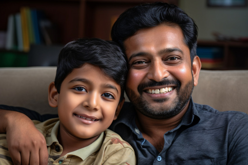 A happy Indian father and son are sitting on a sofa at home and looking at the camera A happy Indian father and son are sitting on a sofa at home and looking at the camera