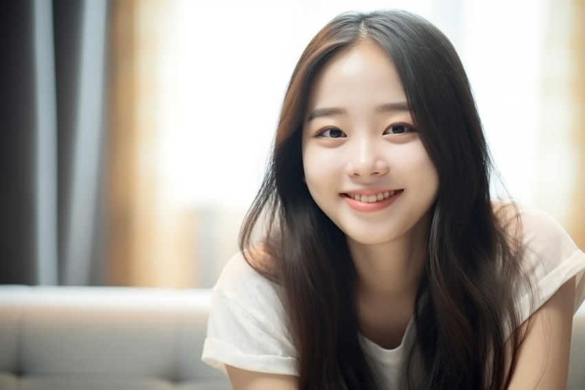 A photo of a happy Asian teenage girl smiling at the camera while relaxing in her living room at home A photo of a happy Asian teenage girl smiling at the camera while relaxing in her living room at home