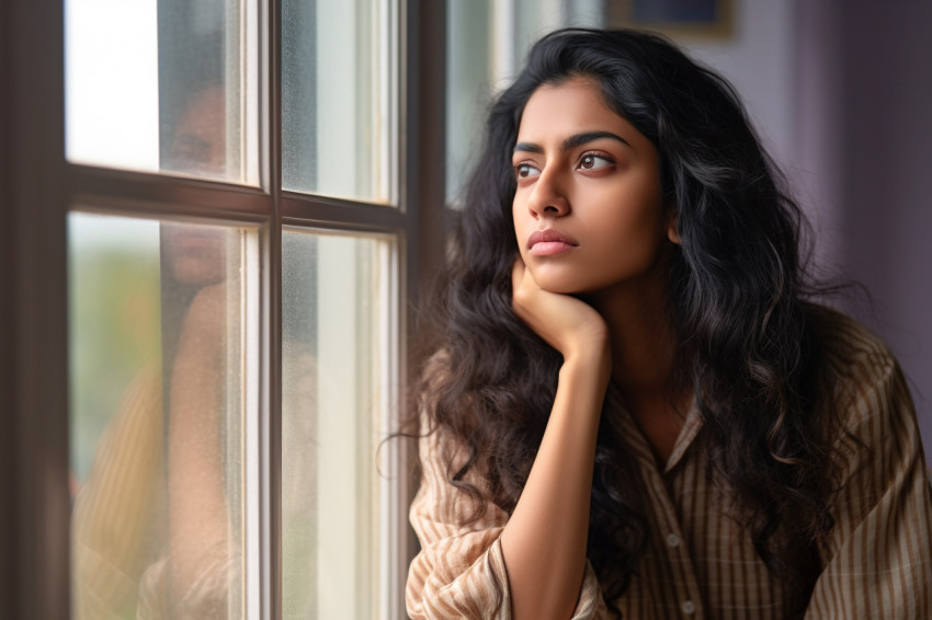 A photo of a young Indian woman standing in a living room looking out the window and thinking A photo of a young Indian woman standing in a living room looking out the window and thinking