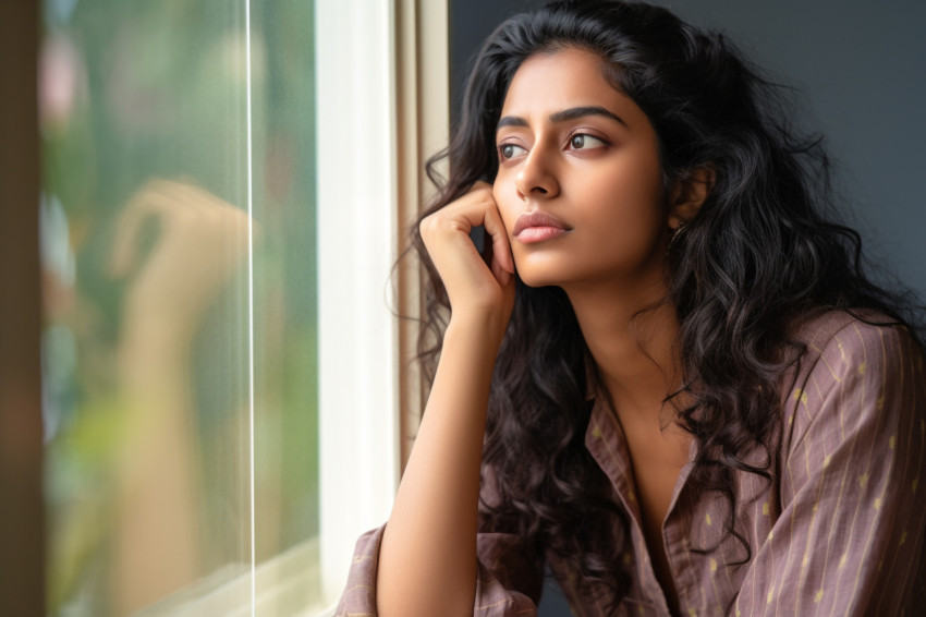 A photo of a young Indian woman standing in a living room looking out the window and thinking A photo of a young Indian woman standing in a living room looking out the window and thinking