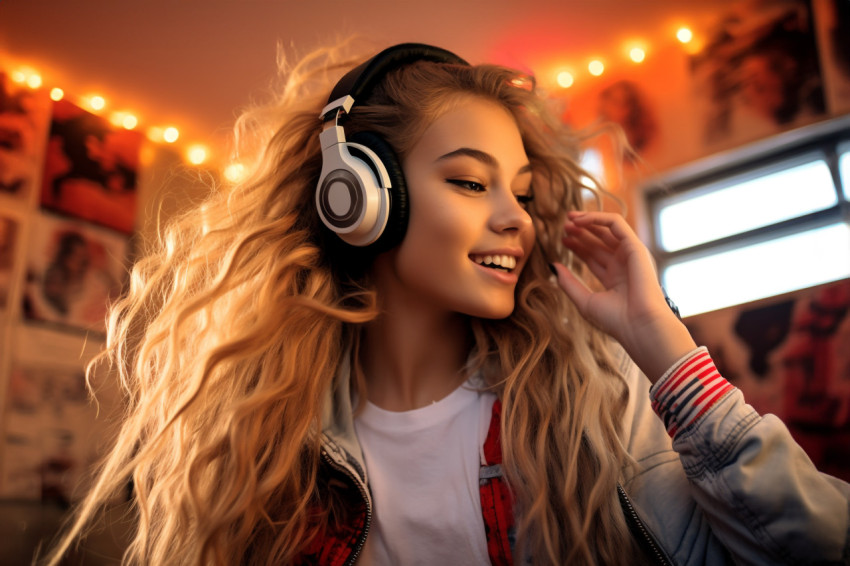 Picture of a teenage girl listening to music with headphones and dancing on her bed Picture of a teenage girl listening to music with headphones and dancing on her bed