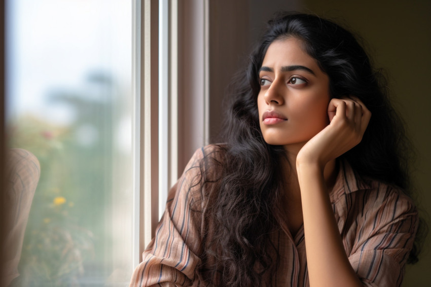 A photo of a young Indian woman standing in a living room looking out the window and thinking A photo of a young Indian woman standing in a living room looking out the window and thinking