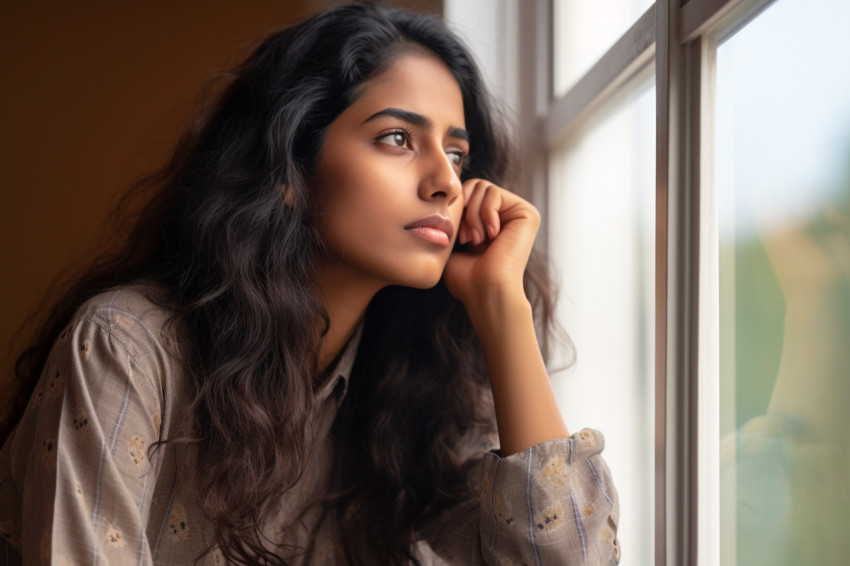 A photo of a young Indian woman standing in a living room looking out the window and thinking A photo of a young Indian woman standing in a living room looking out the window and thinking