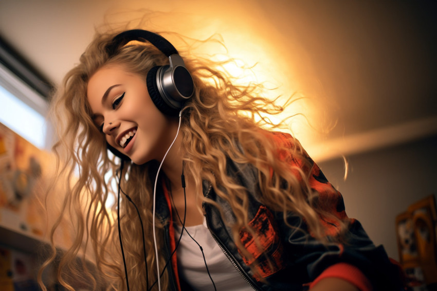 Picture of a teenage girl listening to music with headphones and dancing on her bed Picture of a teenage girl listening to music with headphones and dancing on her bed