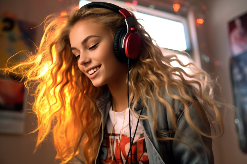 Picture of a teenage girl listening to music with headphones and dancing on her bed Picture of a teenage girl listening to music with headphones and dancing on her bed