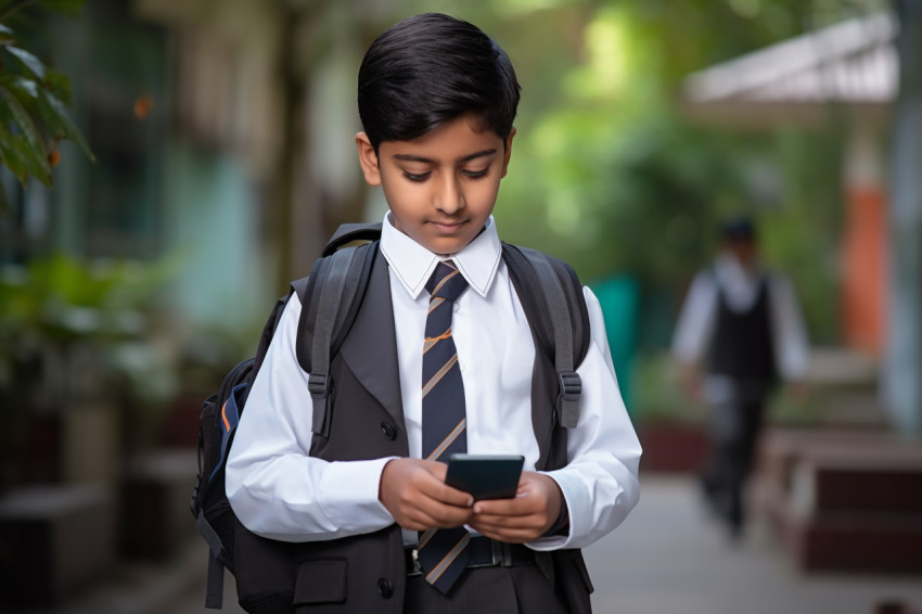 Picture of Indian student in school uniform with backpack holding phone to watch online video Picture of Indian student in school uniform with backpack holding phone to watch online video