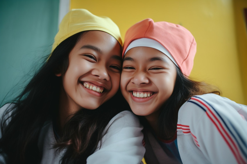 A photo of happy Vietnamese teenage girls relaxing at home A photo of happy Vietnamese teenage girls relaxing at home