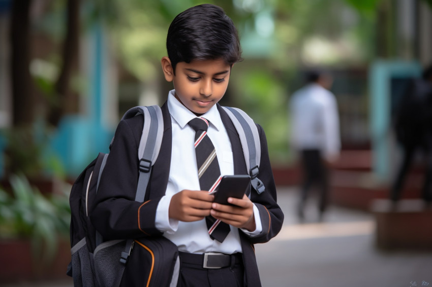 Picture of Indian student in school uniform with backpack holding phone to watch online video Picture of Indian student in school uniform with backpack holding phone to watch online video