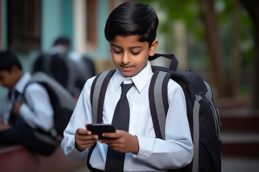 Picture of Indian student in school uniform with backpack holding phone to watch online video Picture of Indian student in school uniform with backpack holding phone to watch online video