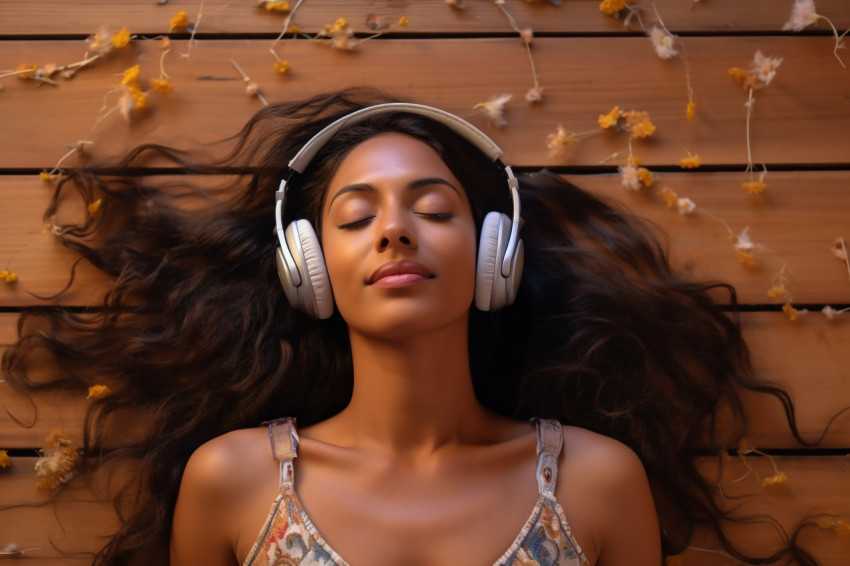 A photo of a calm Indian woman lying on the floor indoors and listening to music on her headphones using a streaming service A photo of a calm Indian woman lying on the floor indoors and listening to music on her headphones using a streaming service