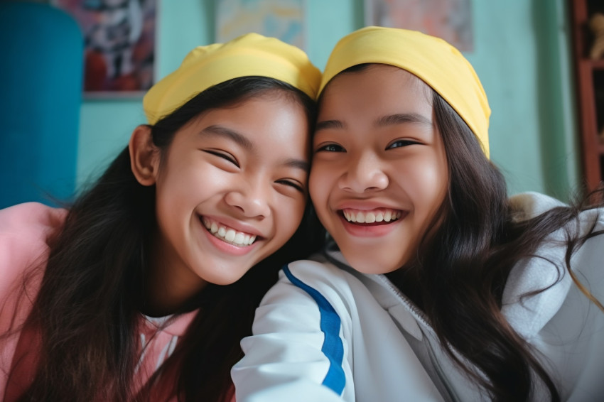 A photo of happy Vietnamese teenage girls relaxing at home A photo of happy Vietnamese teenage girls relaxing at home