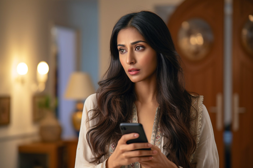Photo of pensive Indian woman with smartphone in living room Photo of pensive Indian woman with smartphone in living room