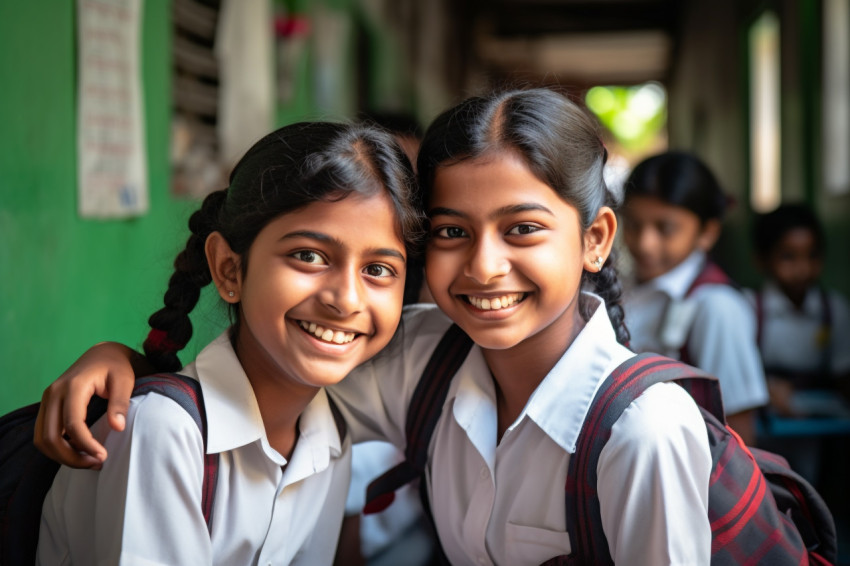 Two young Indian girls smile in front of class photo Two young Indian girls smile in front of class photo