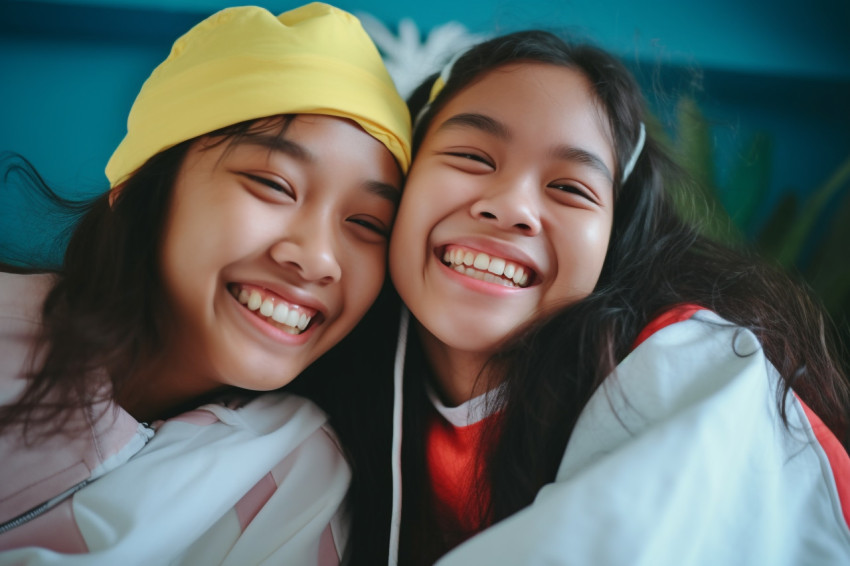 A photo of happy Vietnamese teenage girls relaxing at home A photo of happy Vietnamese teenage girls relaxing at home