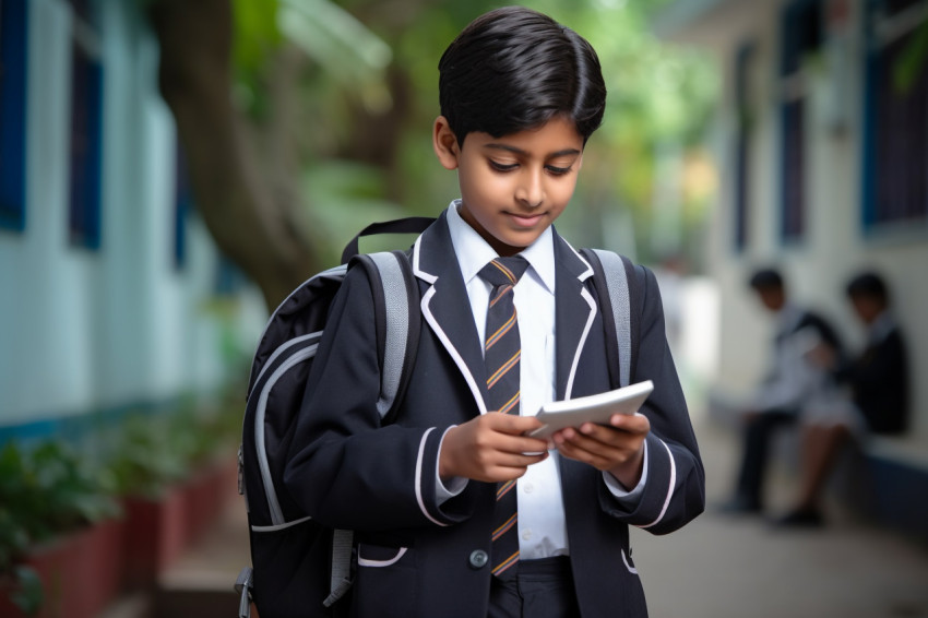 Picture of Indian student in school uniform with backpack holding phone to watch online video Picture of Indian student in school uniform with backpack holding phone to watch online video